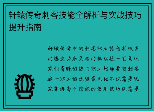 轩辕传奇刺客技能全解析与实战技巧提升指南
